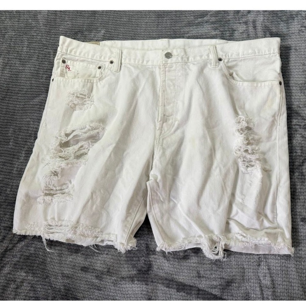 Polo Ralph Lauren Mens White Distressed Denim Shorts 42X7 Raw Hem Button Fly
